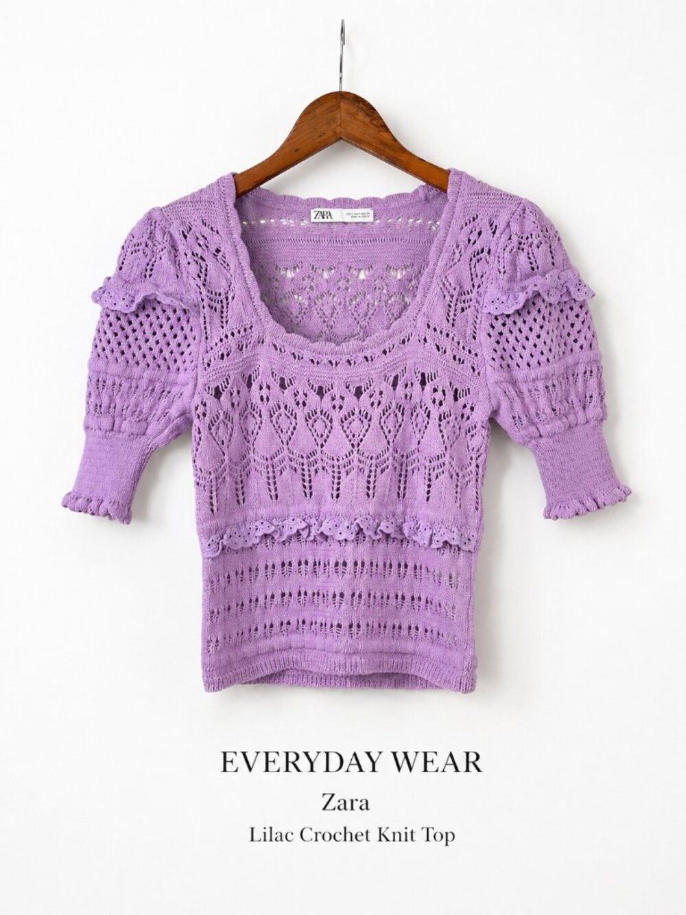 Zara Lilac Crochet Knit Top Puff Sleeve Lace Ruffle Boho S Romantic Cottagecore